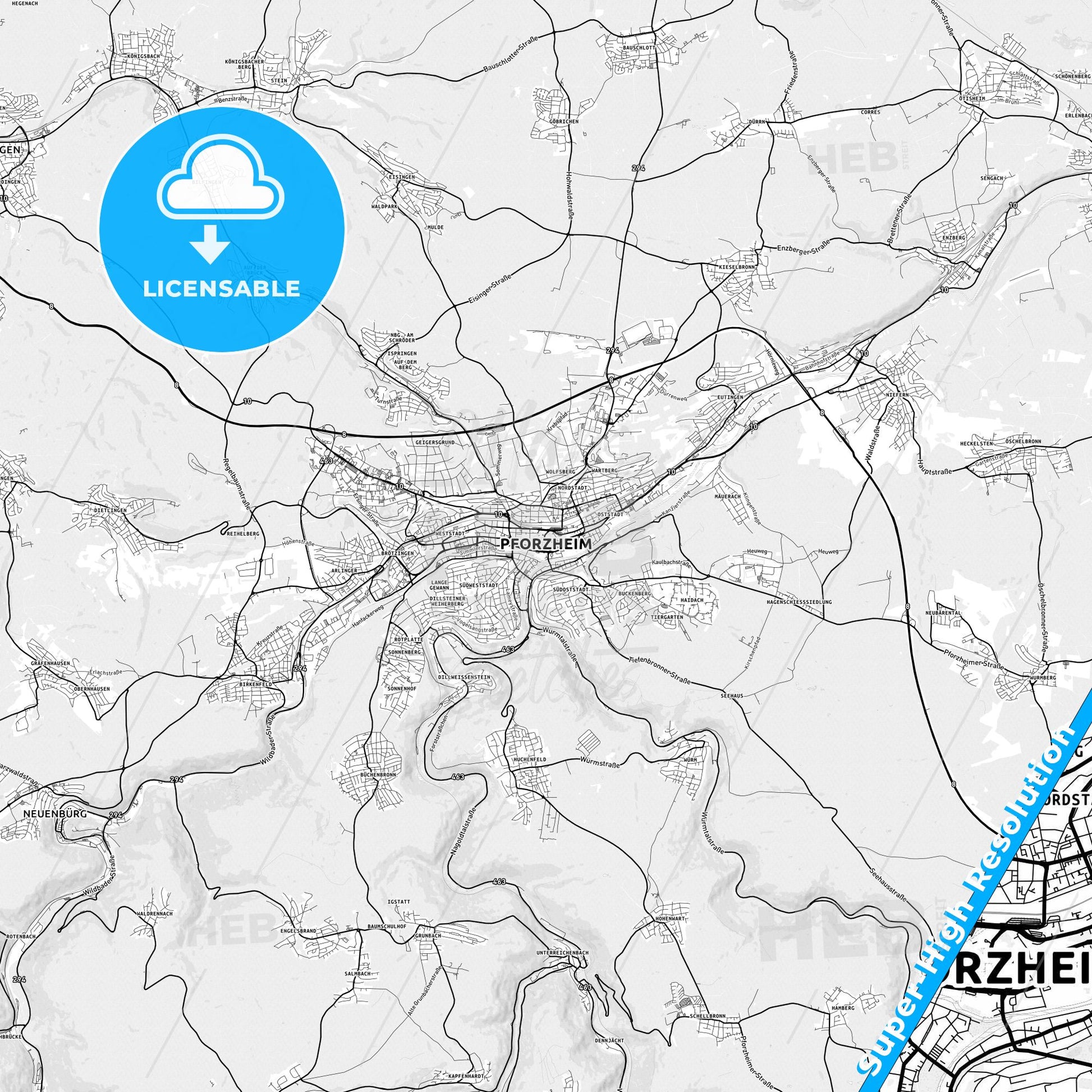 Pforzheim, Germany light map with streetnames, citynames and districts