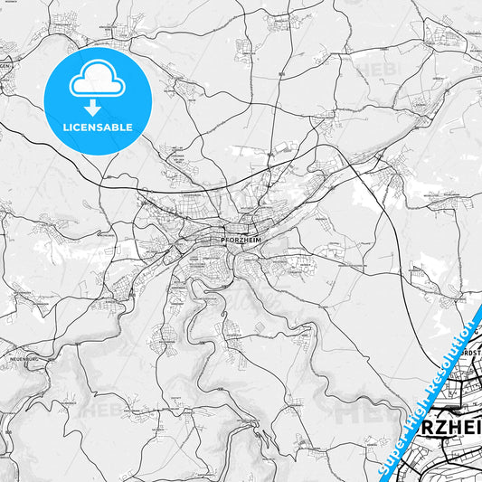 Pforzheim, Germany light map with streetnames, citynames and districts
