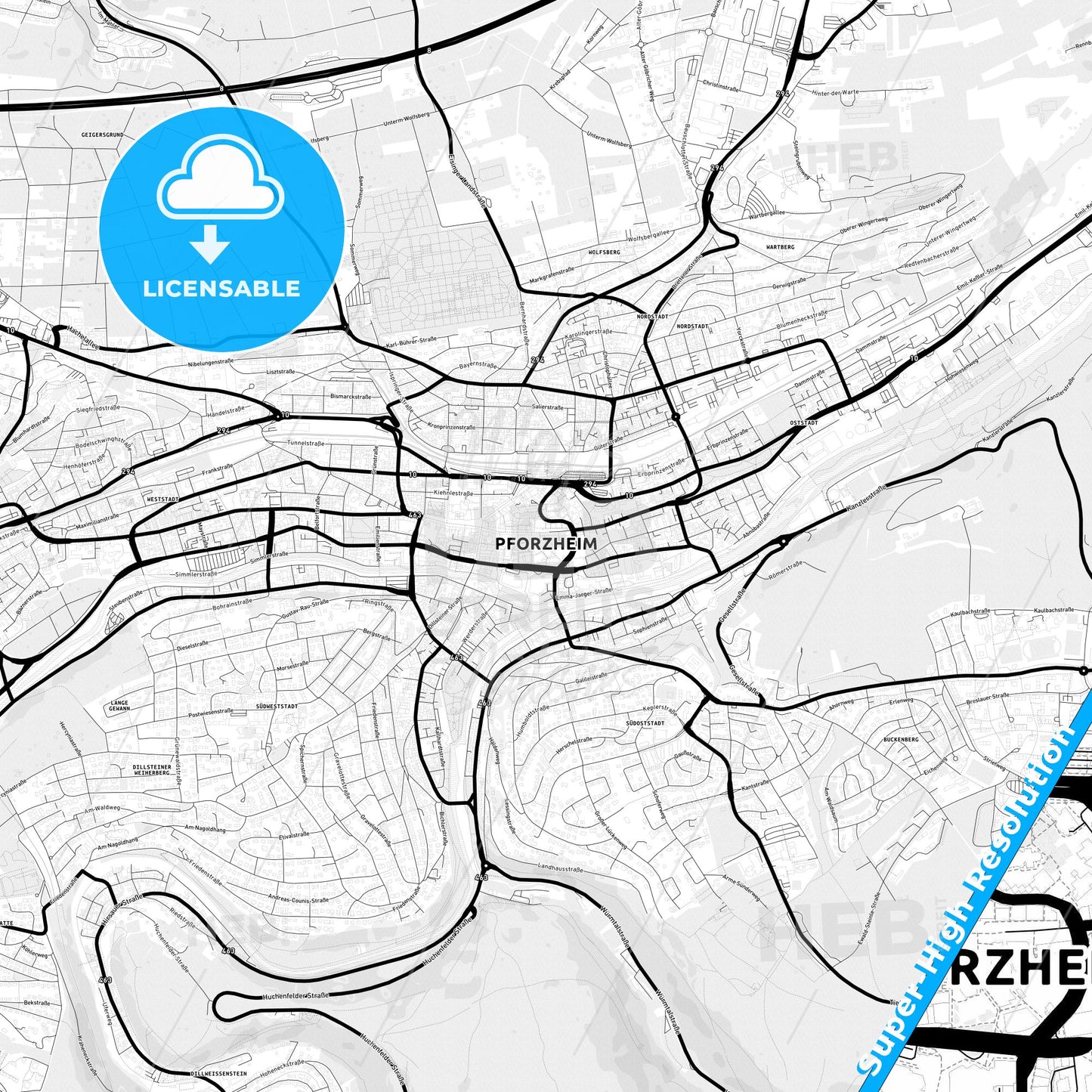 Pforzheim, Germany Light Map with Street Names, City Names, and Districts