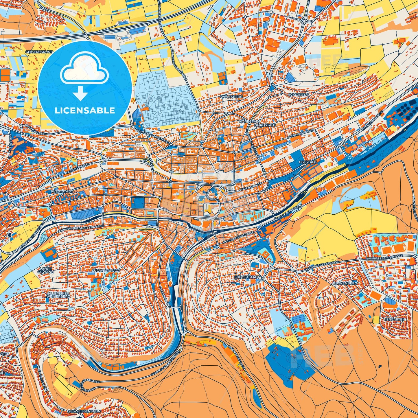 Colorful Pforzheim Street Map with Labels and Buildings