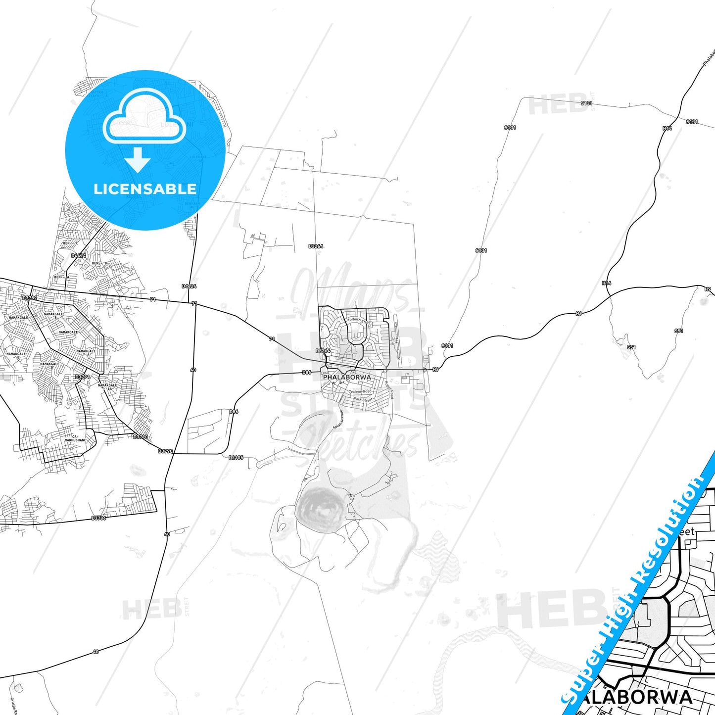 Phalaborwa, South Africa light map with streetnames, citynames and districts