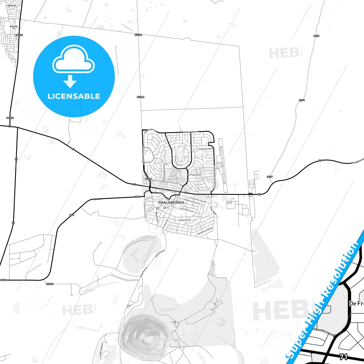 Phalaborwa, South Africa Light Map with Street Names, City Names, and Districts