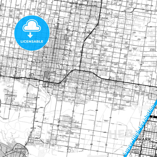 Pharr, Texas light map with streetnames, citynames and districts