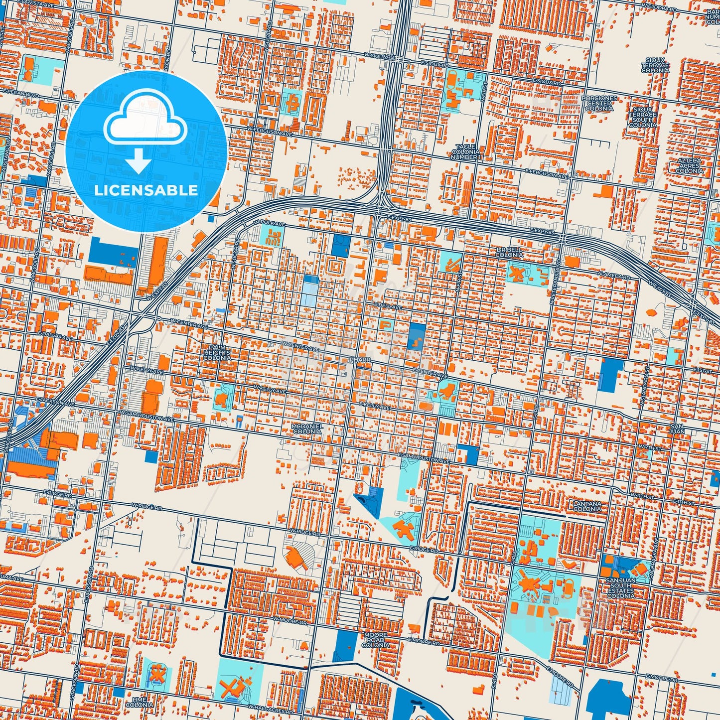 Colorful Pharr Street Map with Labels and Buildings