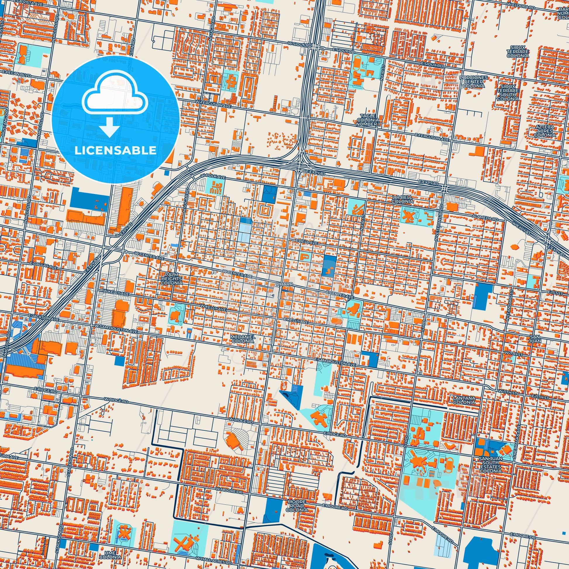Colorful Pharr Street Map with Labels and Buildings