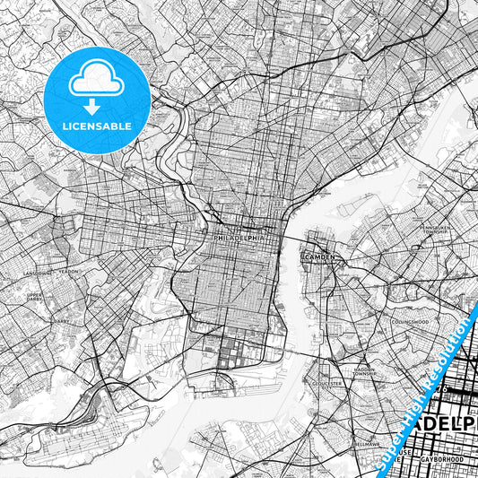 Philadelphia, Pennsylvania light map with streetnames, citynames and districts