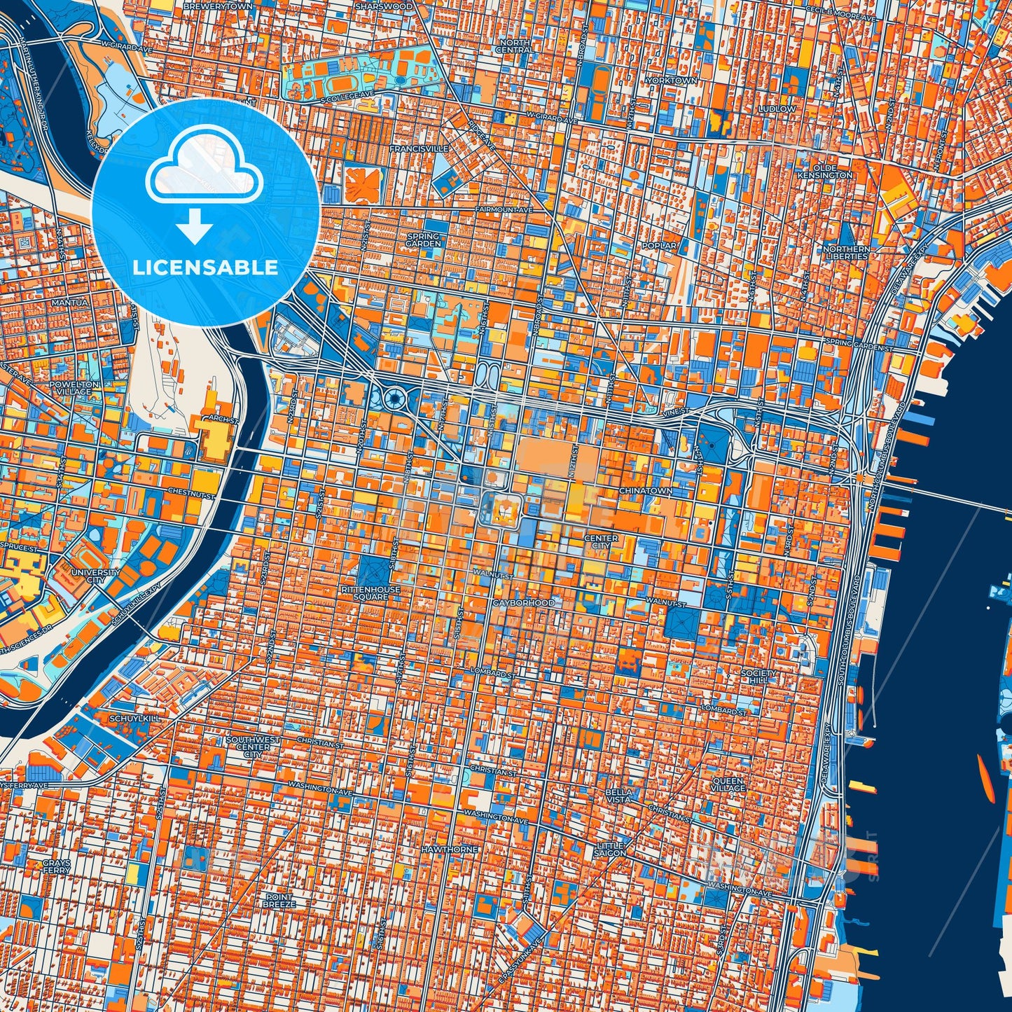 Colorful Philadelphia Street Map with Labels and Buildings