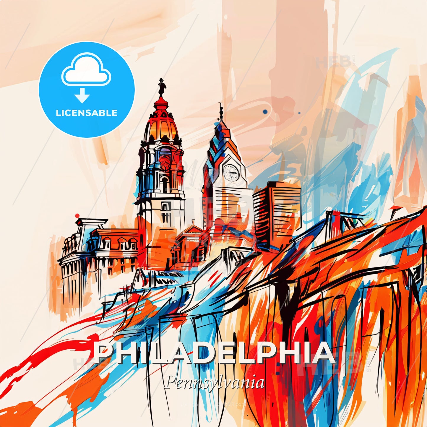 Vibrant Philadelphia, Pennsylvania - A Painting Of A City - Square format print template