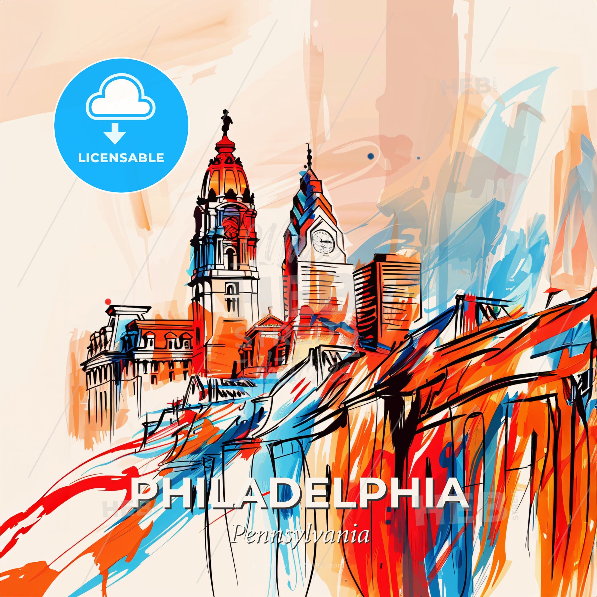 Vibrant Philadelphia, Pennsylvania - A Painting Of A City - Square format print template