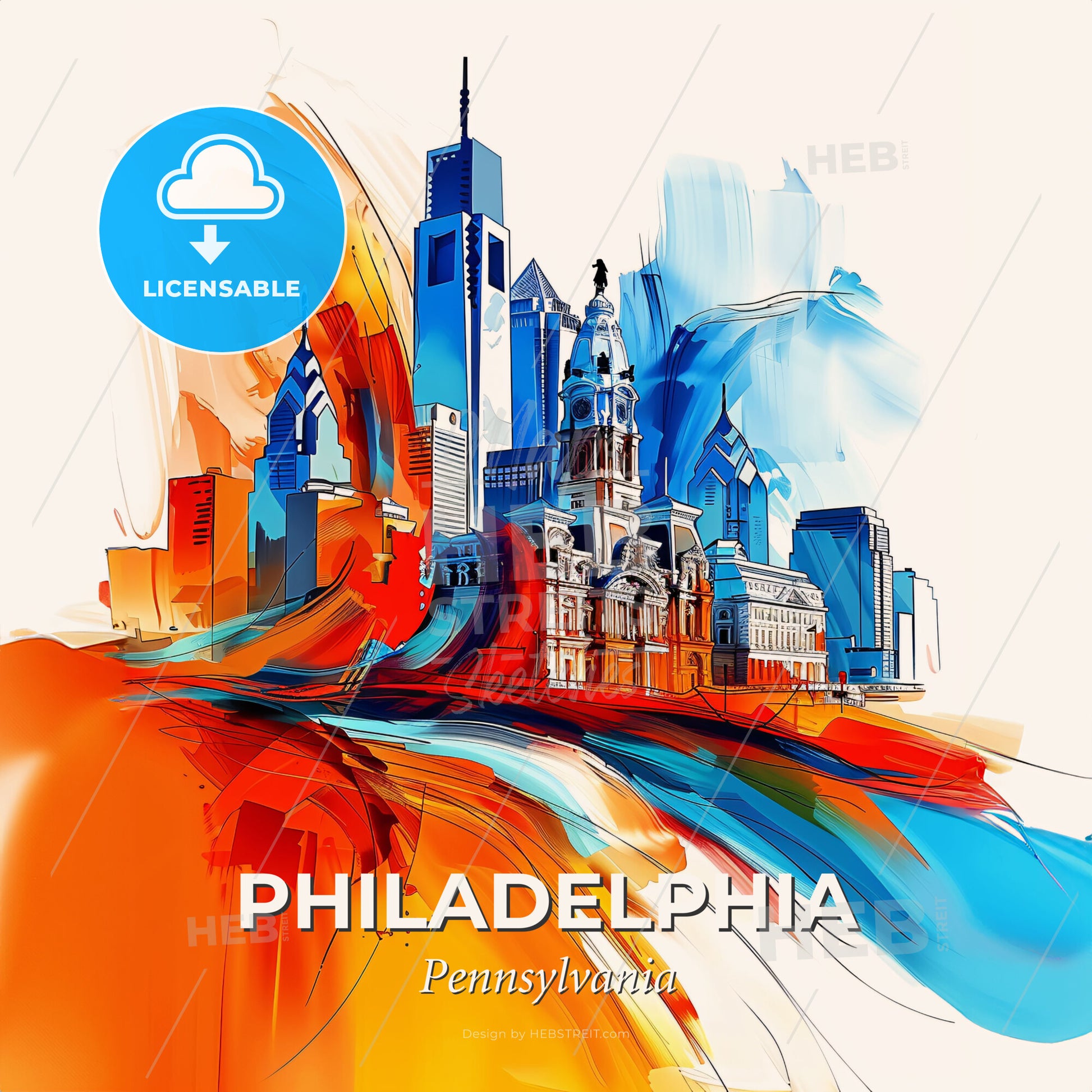 Vibrant Philadelphia, Pennsylvania - A Colorful Cityscape With Buildings And A White Background - Square format print template