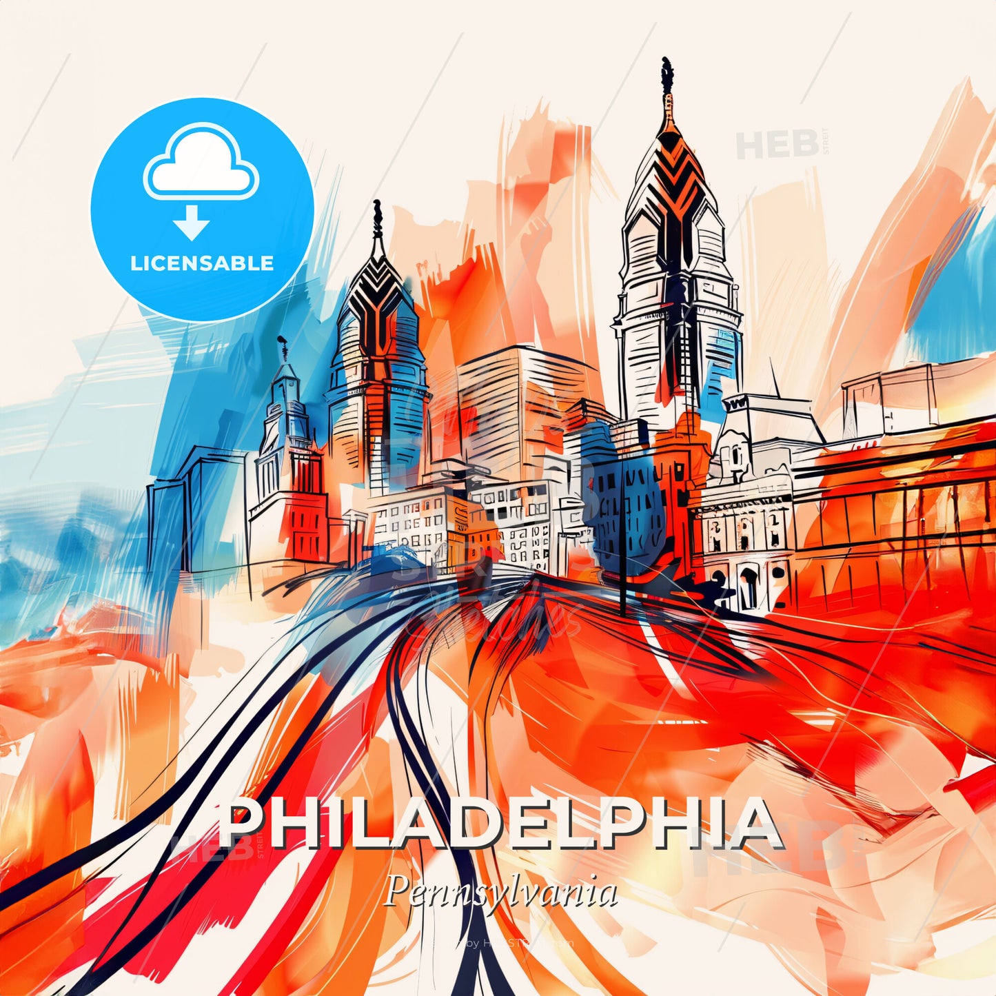 Vibrant Philadelphia, Pennsylvania - A Colorful Cityscape With A Train Track - Square format print template