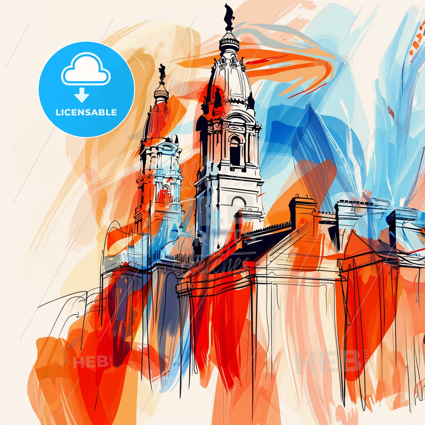 Vibrant Philadelphia, Pennsylvania - A Drawing Of A Building With A Spire