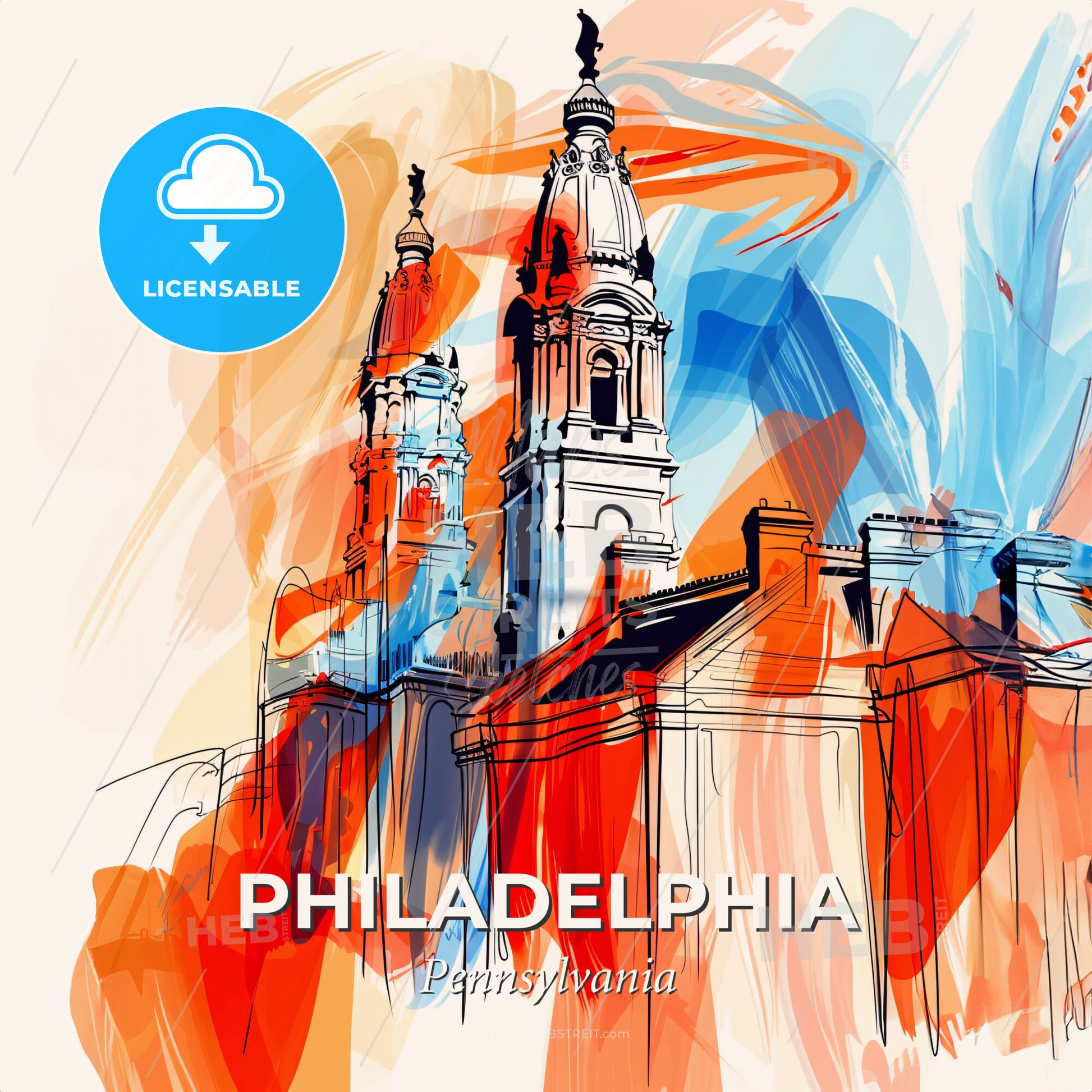 Vibrant Philadelphia, Pennsylvania - A Drawing Of A Building With A Spire - Square format print template