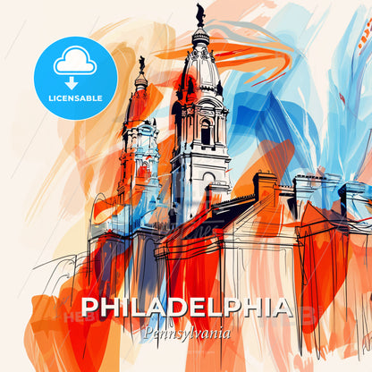 Vibrant Philadelphia, Pennsylvania - A Drawing Of A Building With A Spire - Square format print template