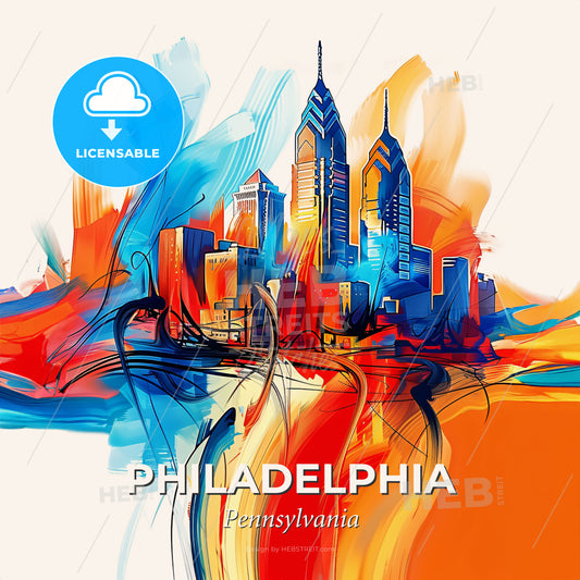 Vibrant Philadelphia, Pennsylvania - A Colorful Cityscape With Buildings And A Red And Blue Sky - Square format print template