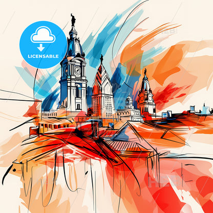 Vibrant Philadelphia, Pennsylvania - A Drawing Of A Building With A Clock Tower