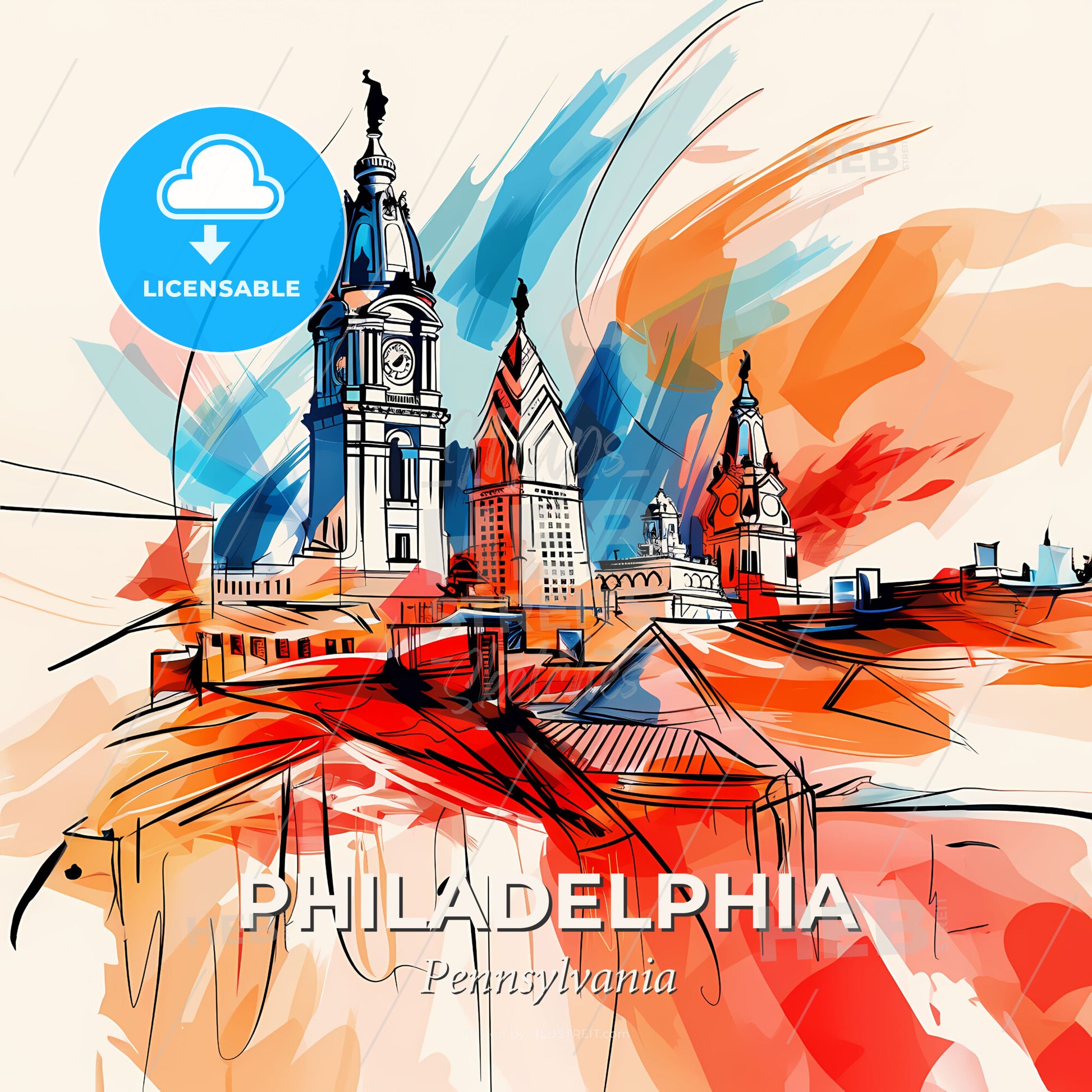 Vibrant Philadelphia, Pennsylvania - A Drawing Of A Building With A Clock Tower - Square format print template