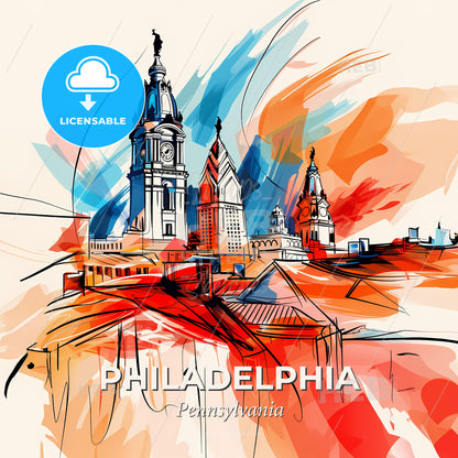 Vibrant Philadelphia, Pennsylvania - A Drawing Of A Building With A Clock Tower - Square format print template