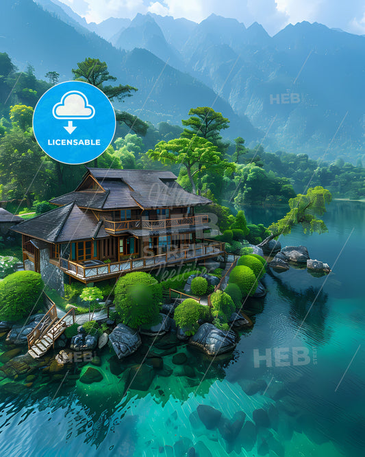 Philippines, Southeast Asia - Surrealistic Painting of a Vibrant House on a Lake Surrounded by Trees