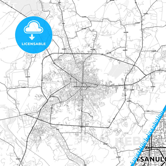 Phitsanulok, Thailand light map with streetnames, citynames and districts