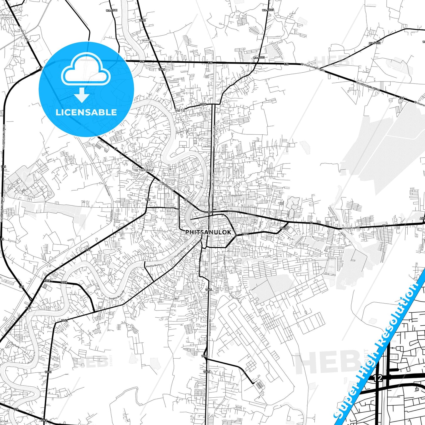 Phitsanulok, Thailand Light Map with Street Names, City Names, and Districts