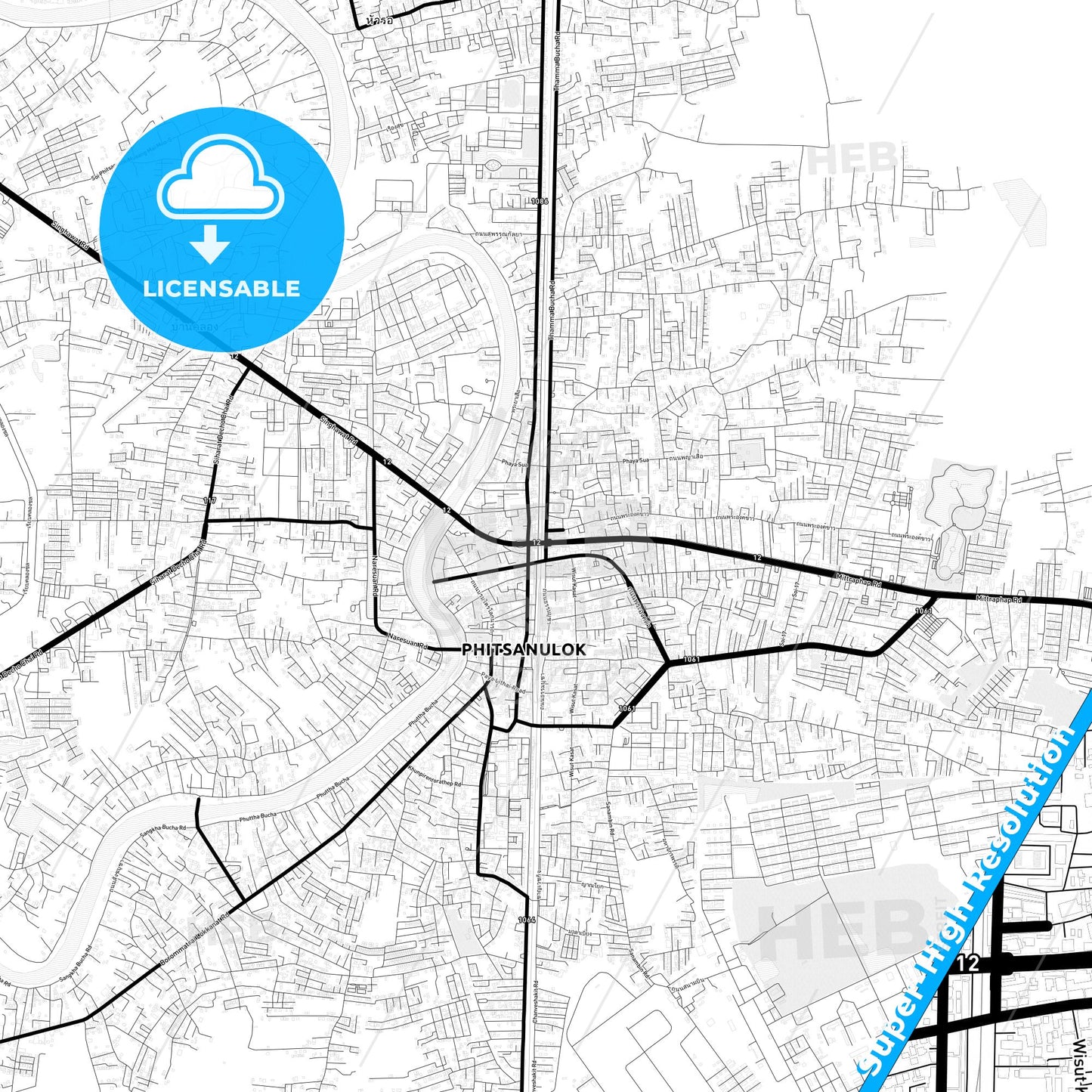 Phitsanulok, Thailand Light Map with Street Names, City Names, and Districts