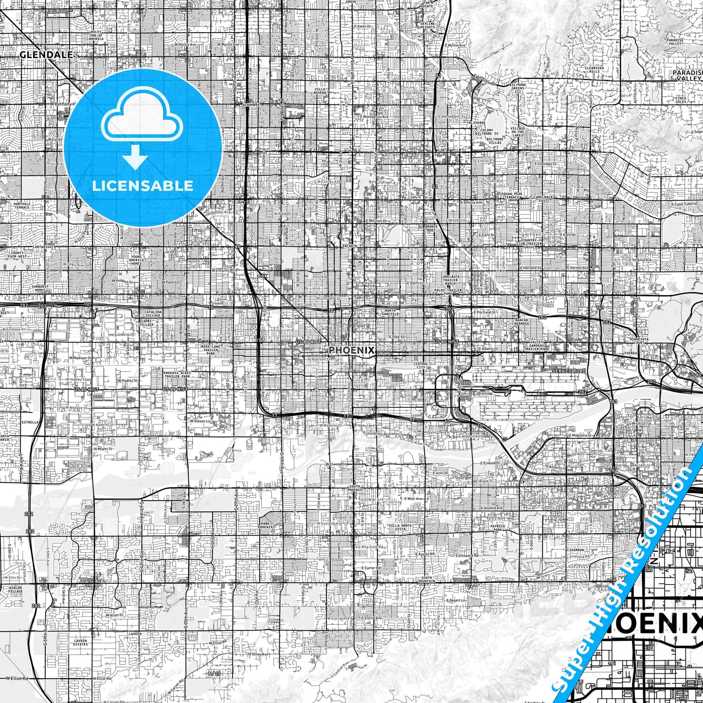 Phoenix, Arizona light map with streetnames, citynames and districts