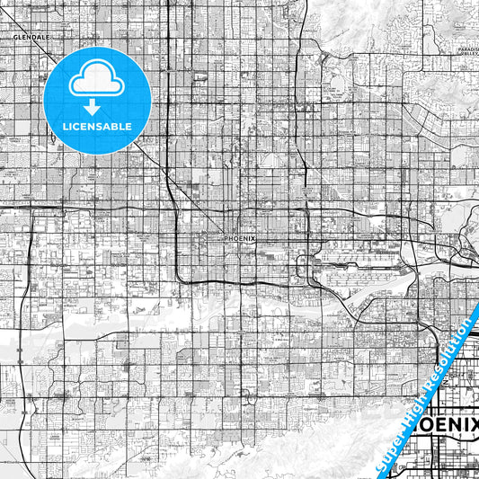 Phoenix, Arizona light map with streetnames, citynames and districts