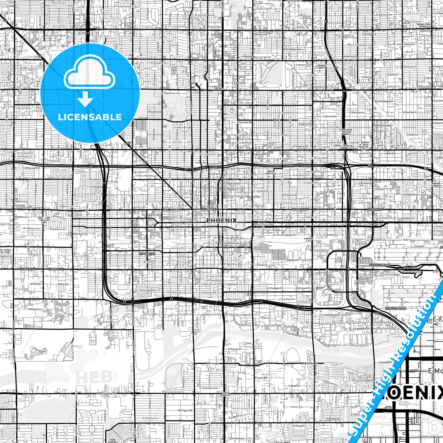 Phoenix, Arizona Light Map with Street Names, City Names, and Districts
