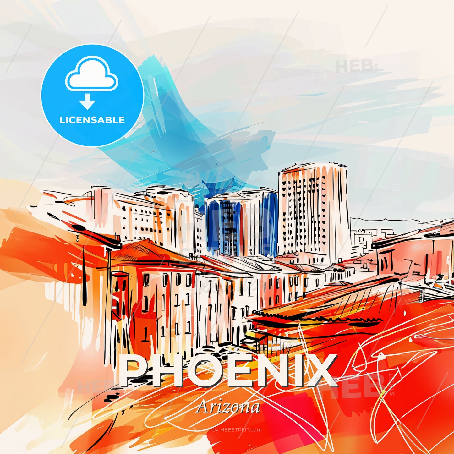 Vibrant Phoenix, Arizona - A Drawing Of A City - Square format print template