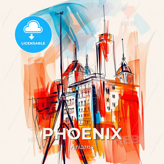 Vibrant Phoenix, Arizona - A Drawing Of A Building - Square format print template