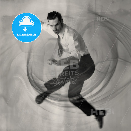 A Man In A White Shirt And Tie Jumping In The Air