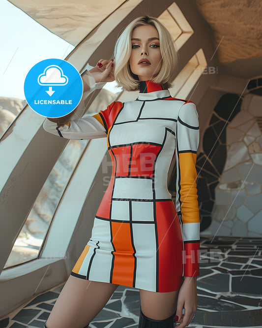 Vibrant Retro Futuristic Art Painting of a Woman in a Colorful Sixties-Inspired Dress with High Thigh Boots and Minimalist House Design Background