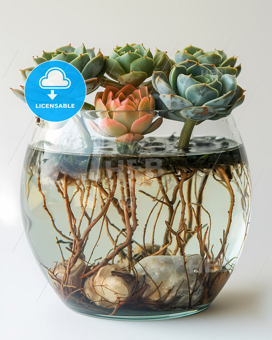 Ornamental Vase Echeveria Underwater Soiled Roots White Linen Glass Bowl Vibrant Painting Succulent Plant Art Photography Floral Table Soft Light