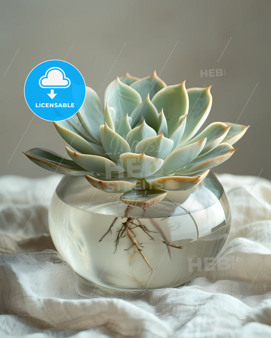 Ornamental Glass Vase with Vibrant Succulent and Roots Underwater on Linen, White Background, Morning Light, Art Focus