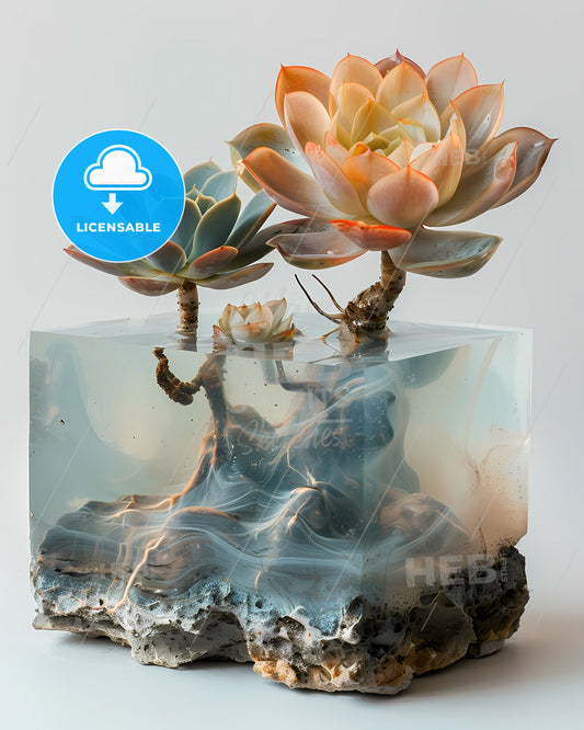 Echeveria in Submerged Vase: Artful Still Life of Vibrant Succulent, Underwater Perspective, Tabletop Linen, White Background, Morning Light