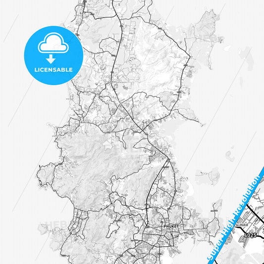 Phuket, Thailand light map with streetnames, citynames and districts