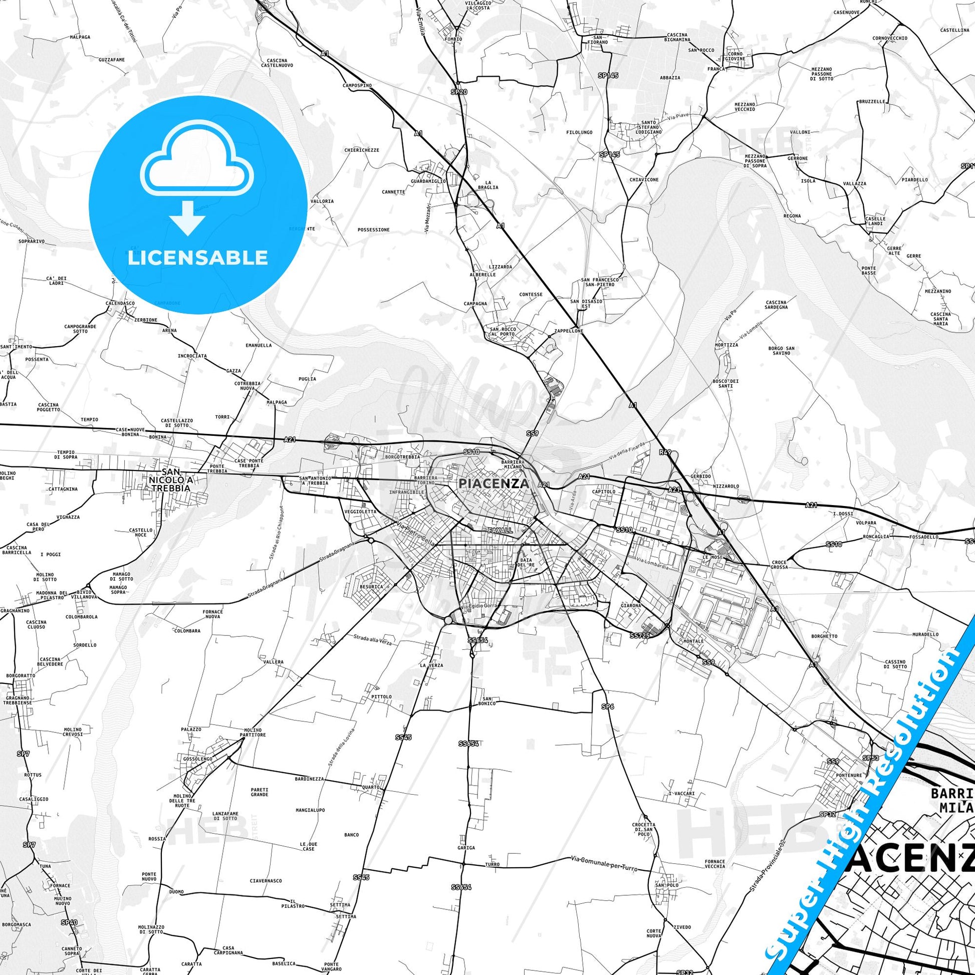 Piacenza, Italy light map with streetnames, citynames and districts