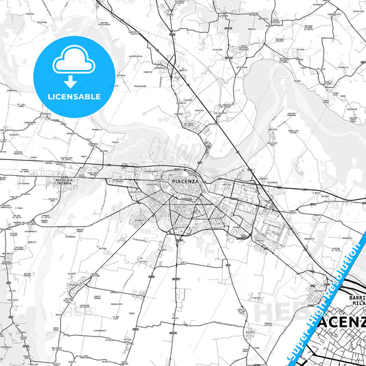 Piacenza, Italy light map with streetnames, citynames and districts