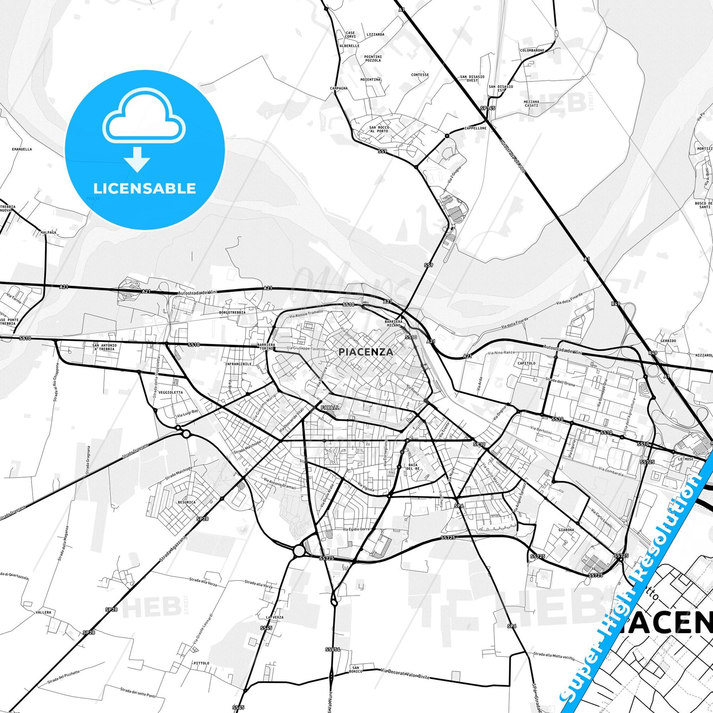 Piacenza, Italy Light Map with Street Names, City Names, and Districts