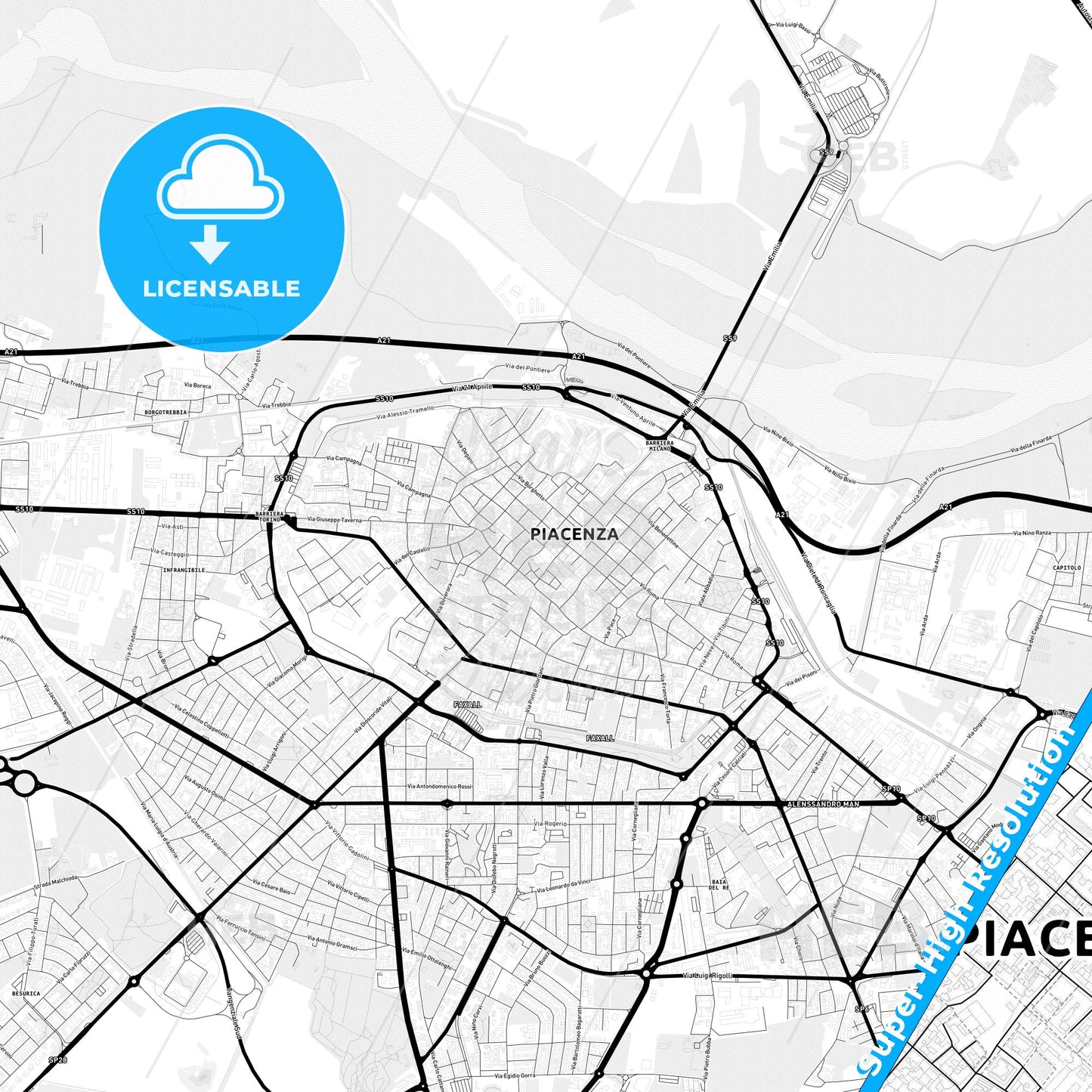 Piacenza, Italy Light Map with Street Names, City Names, and Districts