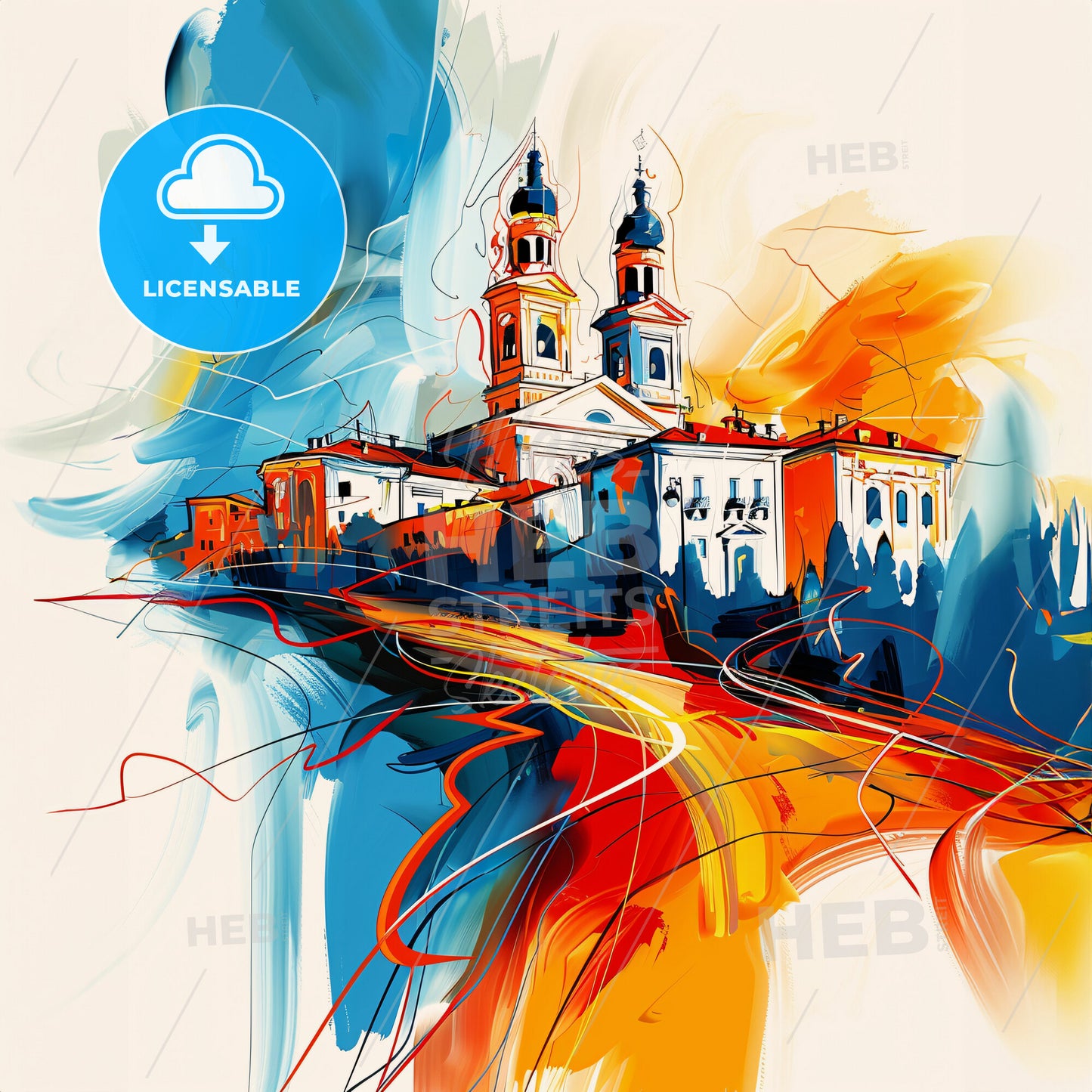 Vibrant Piacenza, Italy - A Painting Of A Building With A Tower