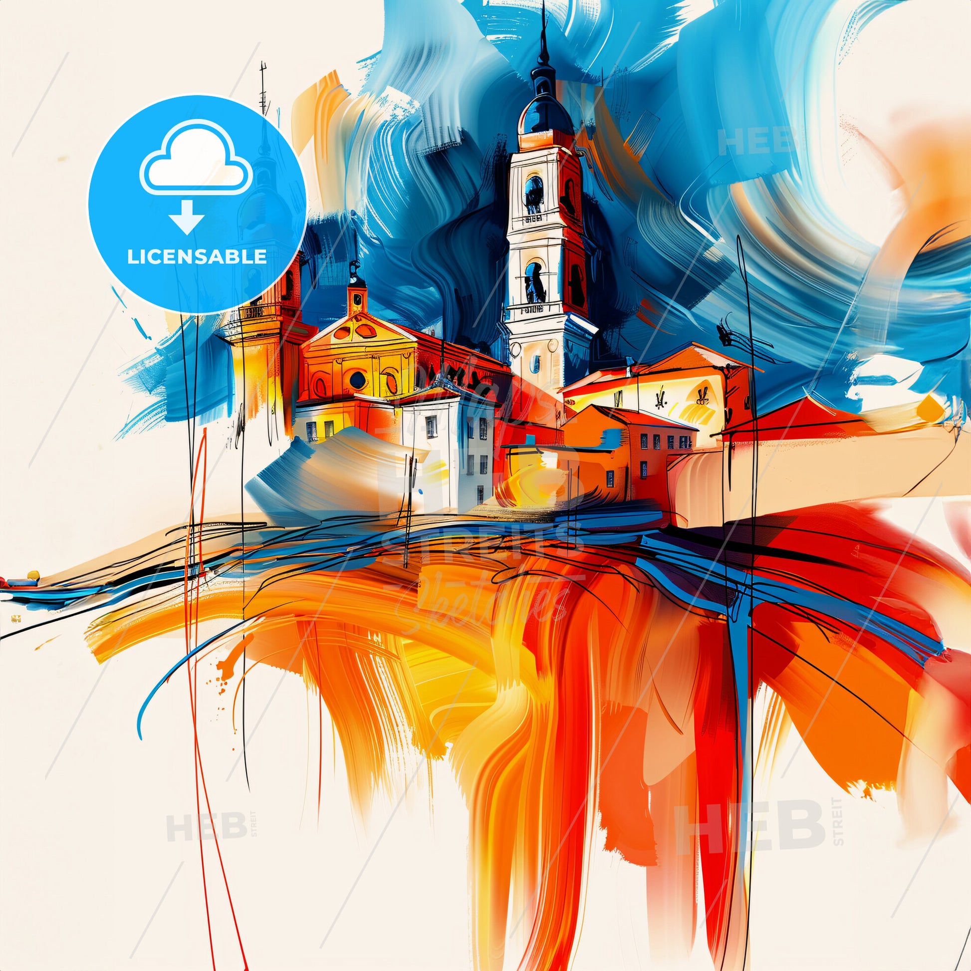 Vibrant Piacenza, Italy - A Painting Of A Building With Towers And A Blue And Orange Sky