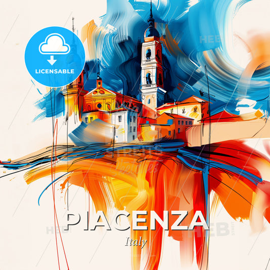 Vibrant Piacenza, Italy - A Painting Of A Building With Towers And A Blue And Orange Sky - Square format print template