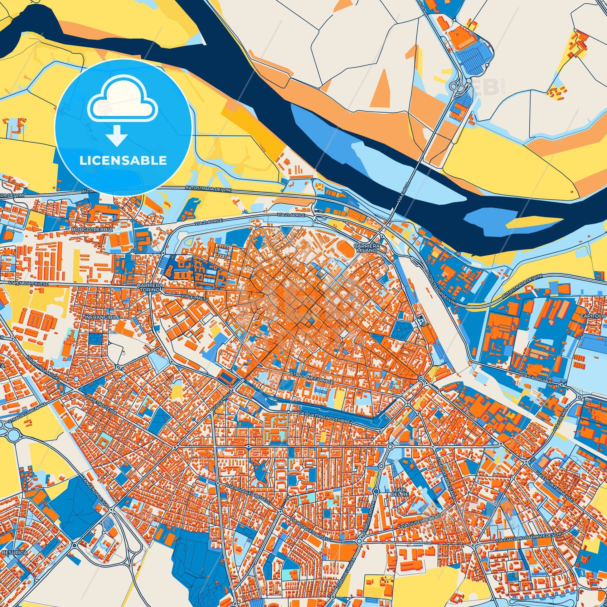 Colorful Piacenza Street Map with Labels and Buildings
