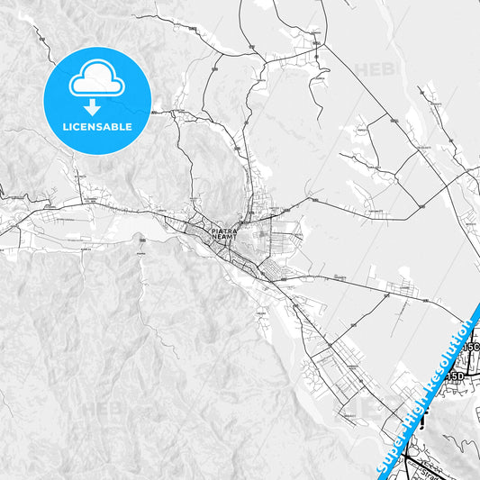 Piatra Neamț, Romania light map with streetnames, citynames and districts