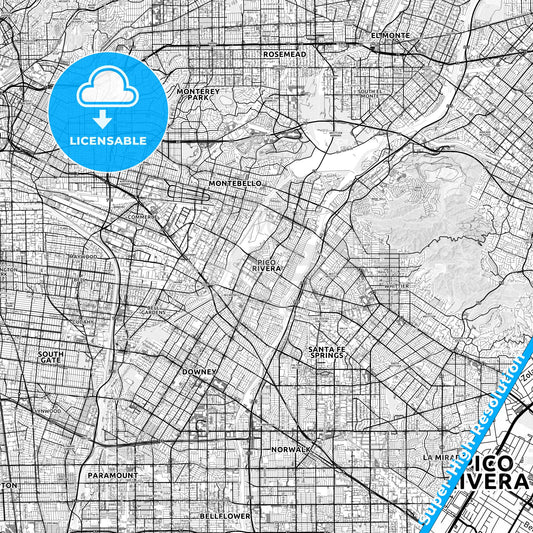 Pico Rivera, California light map with streetnames, citynames and districts