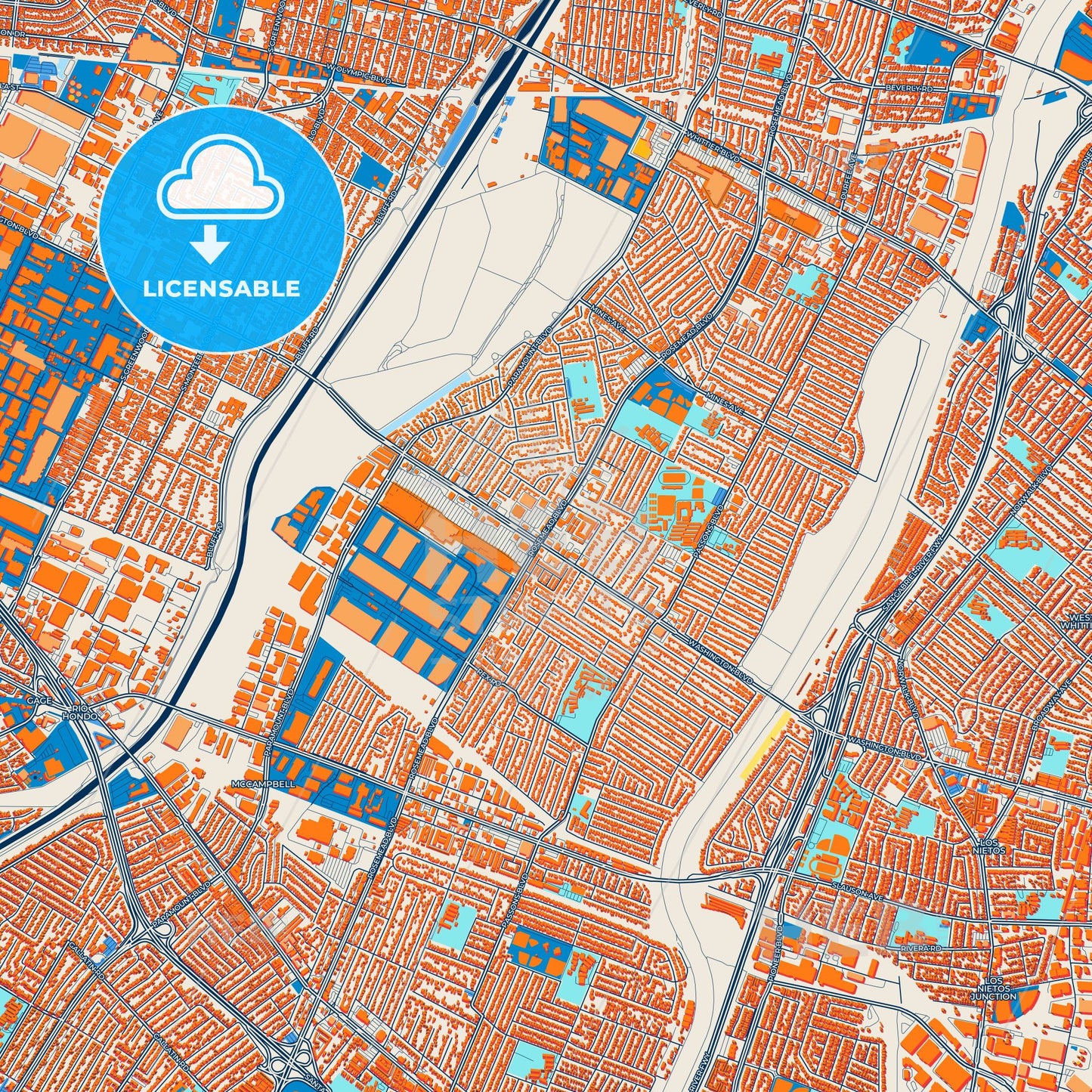 Colorful Pico Rivera Street Map with Labels and Buildings