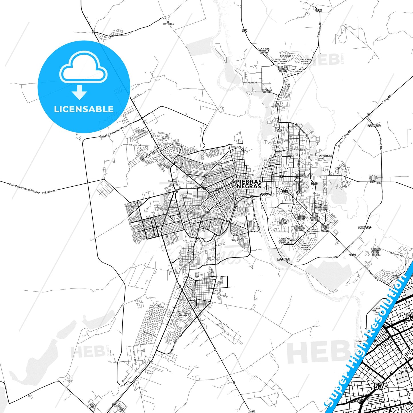 Piedras Negras, Mexico light map with streetnames, citynames and districts