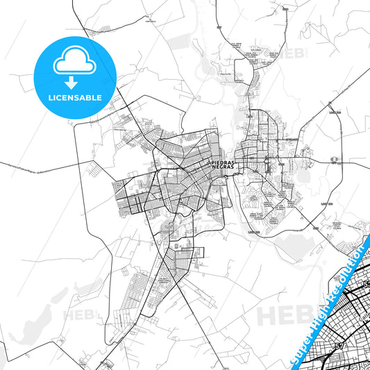 Piedras Negras, Mexico light map with streetnames, citynames and districts